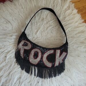 Black Beaded 'ROCK' Fringe Shoulder Bag